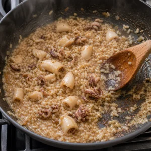 Rice and cuttlefish simmering after white wine is added