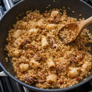 Risotto rice coated with cuttlefish pan juices