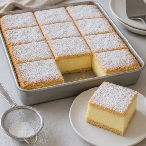 Kremšnita froide poudrée de sucre glace et coupée en parts