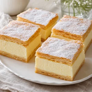 Fertige kroatische Kremšnita-Cremeschnitten mit Puderzucker