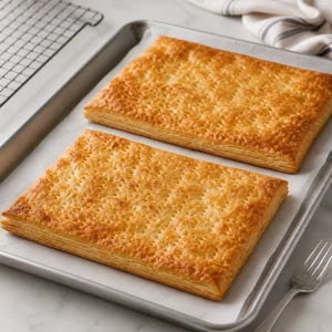 Feuilles de pâte feuilletée dorées qui refroidissent sur une plaque