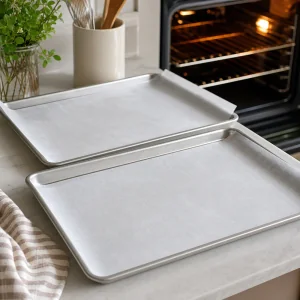 Plaques couvertes de papier cuisson prêtes pour la pâte feuilletée