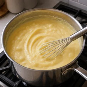 Crème vanillée épaisse qui bouillonne dans une casserole