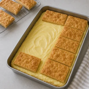 Crème vanillée étalée sur la pâte avec rectangles posés dessus