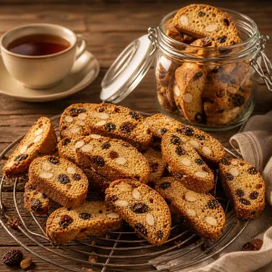 Остывшие сухари с миндалем и изюмом рядом с банкой и чаем