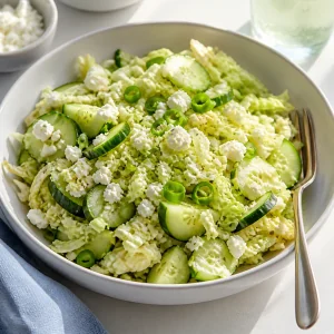 Finished Napa cabbage cucumber salad with feta and green onions ready to serve
