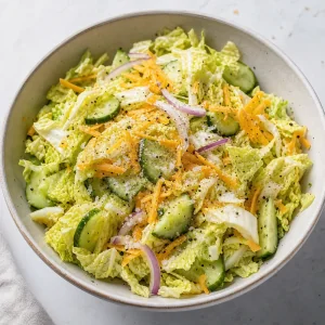 Finished Napa cabbage cucumber salad with sharp cheddar resting briefly before serving.