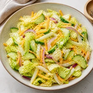 Napa cabbage and cucumber salad with sharp cheddar, salt, and cracked black pepper.