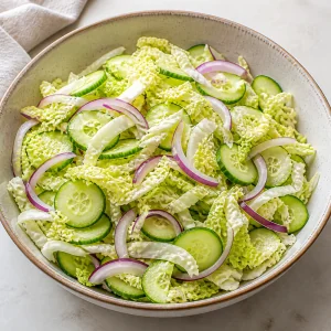 Shredded Napa cabbage, cucumber slices, and red onion combined in a large salad bowl.