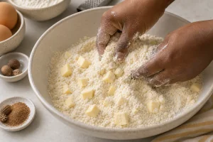 Cold cubed butter rubbed into the flour mixture