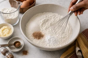 Flour, sugar, nutmeg, baking powder, and salt whisked together