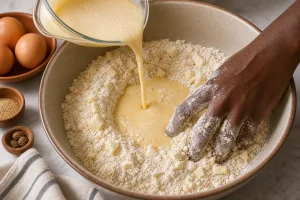 Milk and egg mixture poured into a well in the dry ingredients