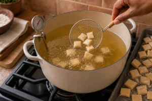 Small batches of chin chin dough frying in hot oil
