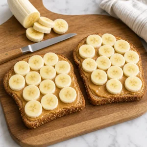 Banana rounds arranged over peanut butter toast