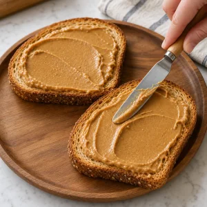 Creamy peanut butter spread evenly over warm toast