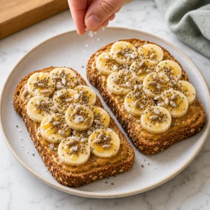 Finished peanut butter banana toast topped with honey seeds and flaky sea salt