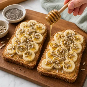 Honey drizzled over banana peanut butter toast with chia and sunflower seeds