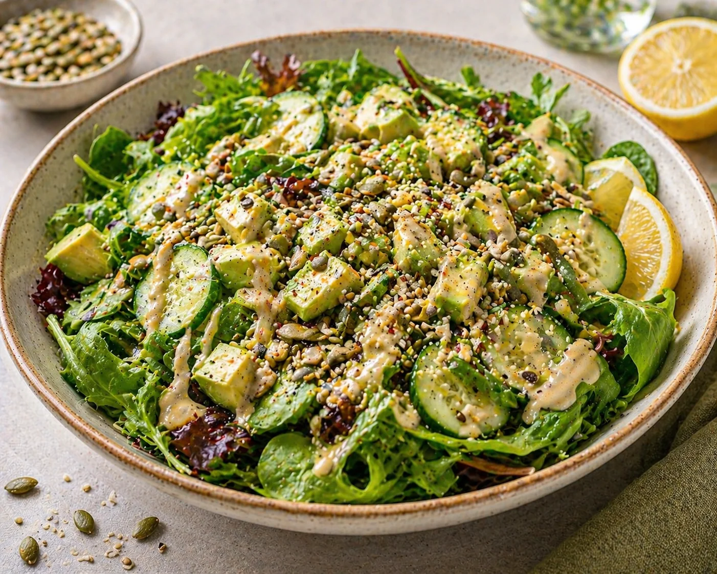 Crunchy Superseed Green Salad with Lemon-Tahini Dressing