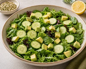 Mixed greens topped with cucumber slices and avocado cubes