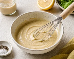 Tahini lemon dressing whisked in a small bowl