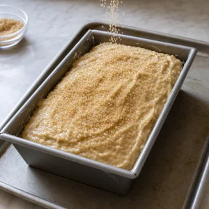 Banana bread batter in a loaf pan topped with raw sugar
