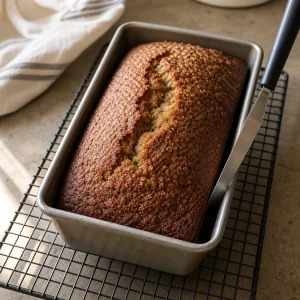 Banana bread cooling in the pan before slicing