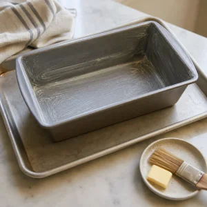 Buttered loaf pan set on a rimmed sheet pan