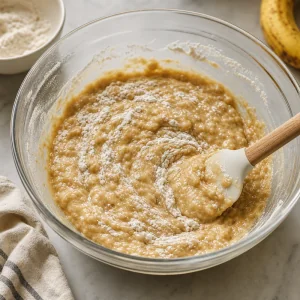 Flour folded into banana bread batter with a spatula