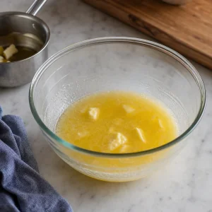 Melted butter cooling in a glass mixing bowl