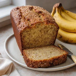 Sliced banana bread loaf with a crackly sugar top