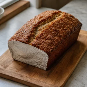 Sliced banana bread with the cut side covered