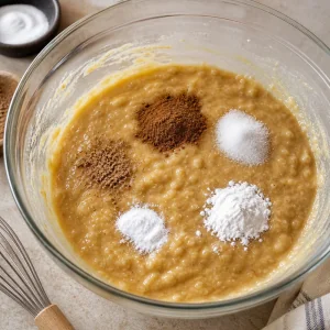 Spices and leaveners sprinkled over banana batter