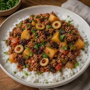Picadillo finalizado com coentro servido sobre arroz