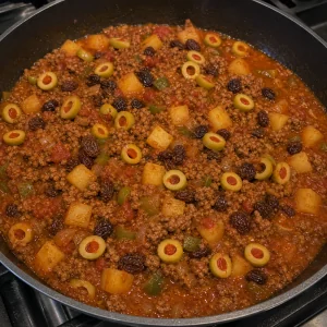 Azeitonas e passas misturadas ao picadillo espesso