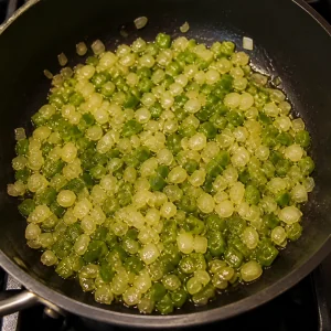 Cebola e pimentão verde amaciando na frigideira