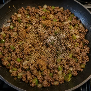 Temperos envolvendo a carne moída dourada na frigideira