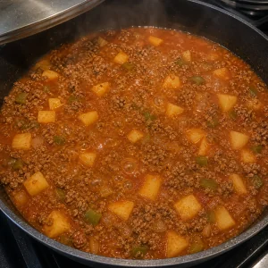 Picadillo de carne com tomate cozinhando com batata em cubos