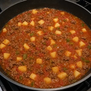 Molho de tomate e batata em cubos adicionados à carne temperada