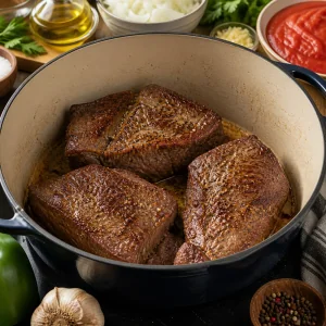 Beef searing in a heavy pot
