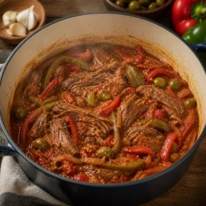Beef simmering in tomato sauce with peppers and olives