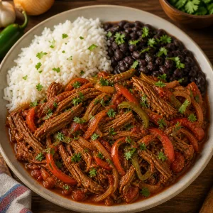 Ropa vieja served with rice and beans