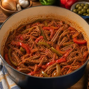 Tender beef shredded beside tomato pepper sauce