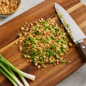 Ciboule et cacahuètes grillées hachées sur une planche