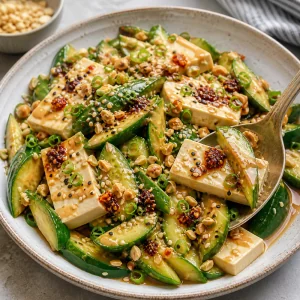 Salade froide de concombre et tofu terminée servie avec une cuillère