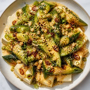 Salade de concombre et tofu garnie de cacahuètes, ciboule, chili crisp et sésame