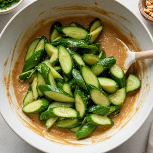 Morceaux de concombre dans un saladier avec sauce épaisse à la cacahuète