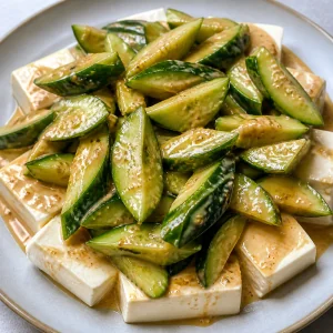Concombres assaisonnés déposés sur le tofu