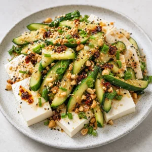Salade de concombre et tofu terminée avec cacahuètes, ciboule, chili crisp et sésame