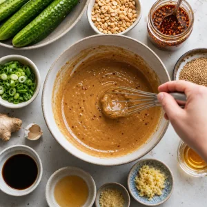 Sauce cacahuète-sésame fouettée dans un grand saladier