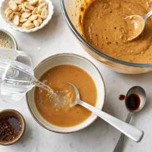 Sauce cacahuète-sésame réservée détendue dans un petit bol